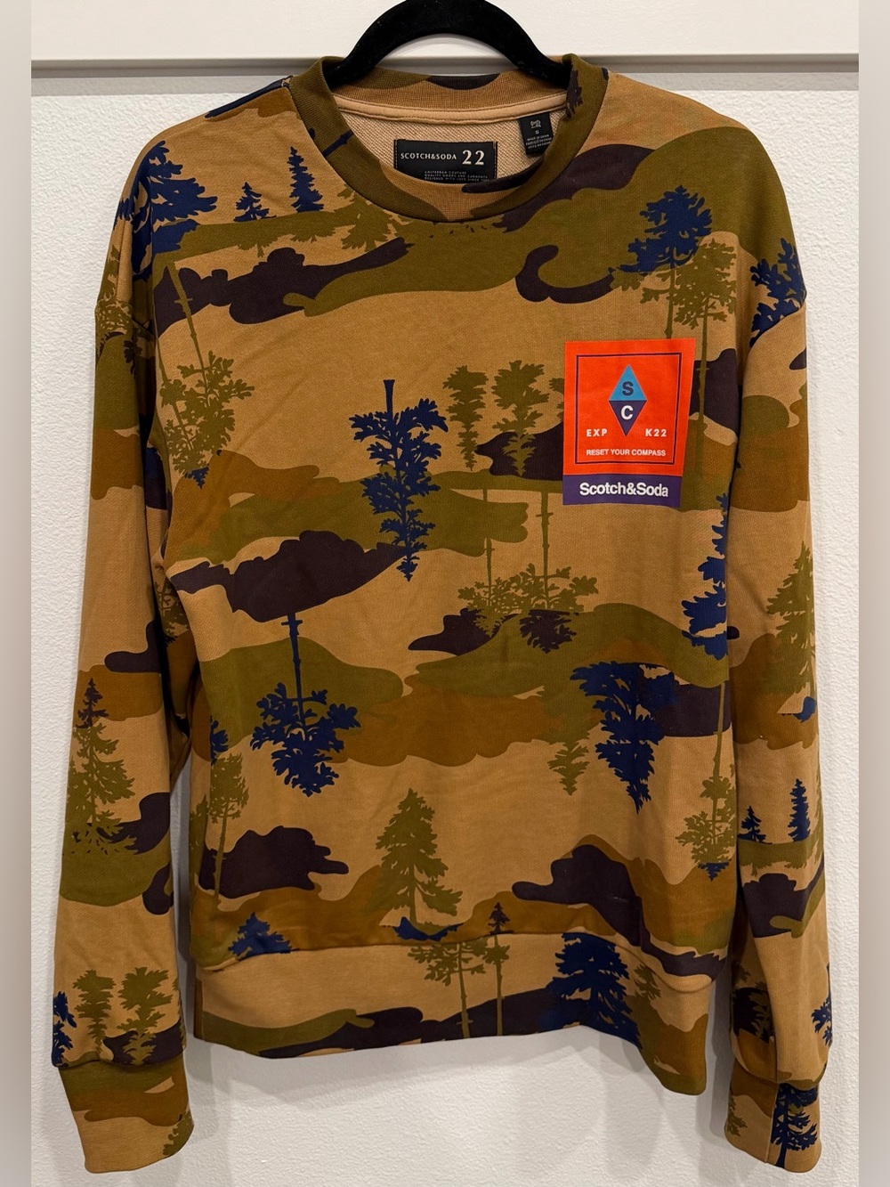 Scotch & Soda Brown and Green Camouflage Crewneck Sweatshirt with Orange Patch